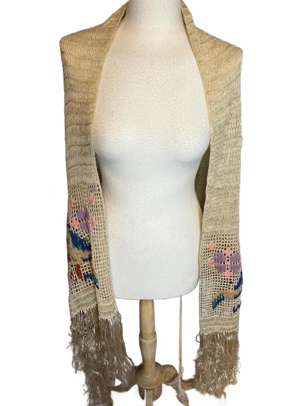 Vintage Crocheted Shawl Crocheted Cross Stitch Birds Natural Boho 88”